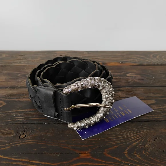 Stuart Weitzman Vintage Black Braided Belt With Rhinestone  display picture 3